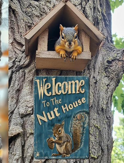 Funny Squirrels Signs Welcome To The Nut House Squirrels Stuff For Indoor Outdoor Decor 12x8 Inches (Navy)
