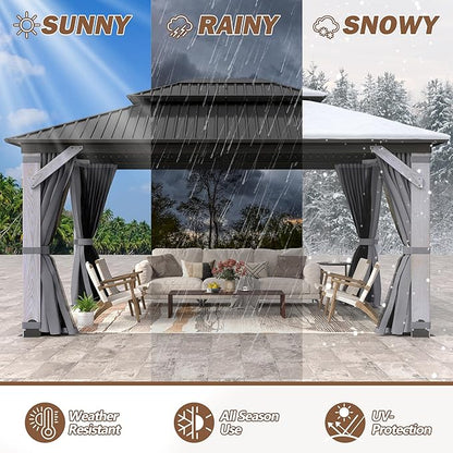 12 x 16FT Wood Gazebo, Wooden Frame Gazebos with Netting and Curtains,Outdoor Hardtop Gazebo with Wood Posts and Galvanized Steel Doule Roof for Lawn, Backyard Deck