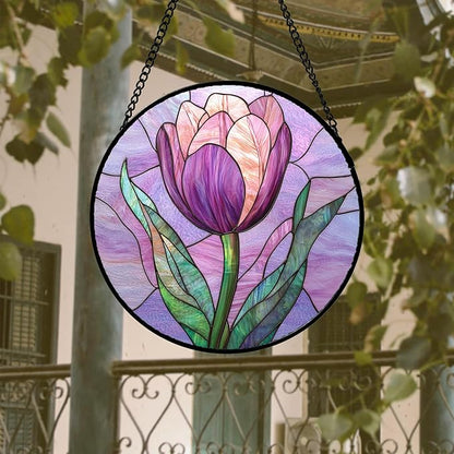 Stained Glass Window Hanging 4 Pcs Set Purple Flower Theme 6.3" - Tulip Suncatcher Door Garden Sun Catcher Decor Birthday Christmas for Plant Lovers Woman Nana Men