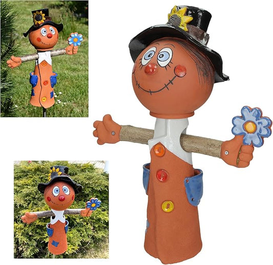 Ceramic Garden Decor - Scarecrow Lawn stake - Outdoor statue - Perfect, unique gifts for gardeners woman, men, yard gifts - Handmade, Frostproof