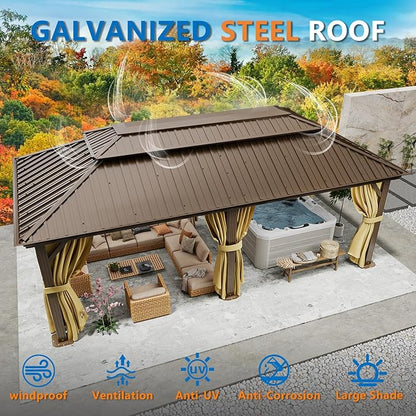 HOTEEL 12x20 Hardtop Gazebo with Metal Roof & Drainage System, Heavy Duty Galvanized Steel Gazebo with Reinforced Aluminum Frame, Privacy Curtains and Netting, for All-Weather, Brown (2025 Upgraded)