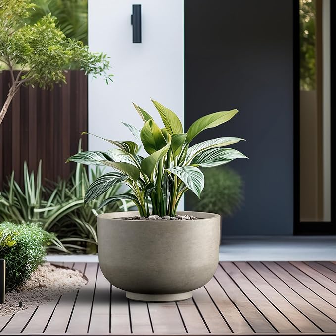 Kante 17.7 Inch Dia Concrete Bowl Planter, Large Tapered Bottom Plant Pot with Drainage, Smooth Weathered Concrete Finish with Warm Brown Interior, Ideal for Porch, Home, Garden, Patio
