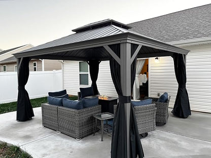 PURPLE LEAF 12' X 14' Permanent Hardtop Gazebo Galvanized Steel Double Roof Pavilion with Aluminum Frames Heavy Duty Patio Gazebo for Pool Patio Deck Garden,Netting and Curtains Included, Light Grey