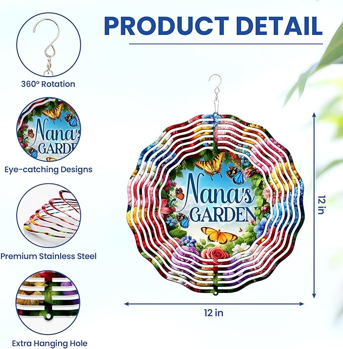 FLAGWIX Christmas Garden Gifts for Grandma - Nana's Garden 3D Stainless Steel Metal Wind Spinners 12 in - Gardening Grandma Christmas Birthday Gifts for Women Nana Gigi, Grandmother Gift Ideas
