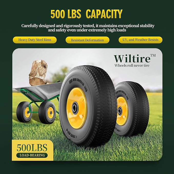 (2 Pack) 4.10/3.50-4 Flat Free Tire and Wheel 10-Inch Solid Wheel Replacement with 5/8 Extra 3/4 &1/2 Bearings,2.2" Offset Hub -Compatible with Hand Truck,Wheelbarrow(Wave,Yellow)