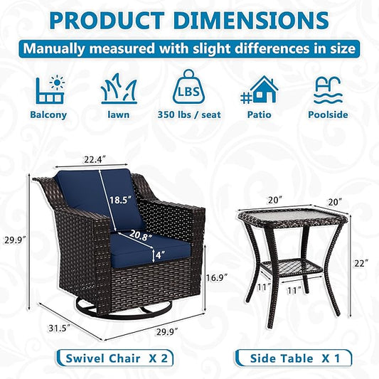 Vista Vibe 3 Pieces Outdoor Patio Conversation Furniture Set - 360 Degree Swivel Glider Rocker Chairs | Wicker End Table, Washable Cushions, Hand-Woven PE Rattan, Lawn, Sunroom (Brown/Navy)