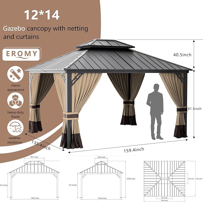 12’x14’ Hardtop Gazebo Outdoor Aluminum Frame Permanent Gazebo Galvanized Steel Double Roof Pergola with Nettings and Curtains for Patio, Lawns,Backyard, Deck(Brown)