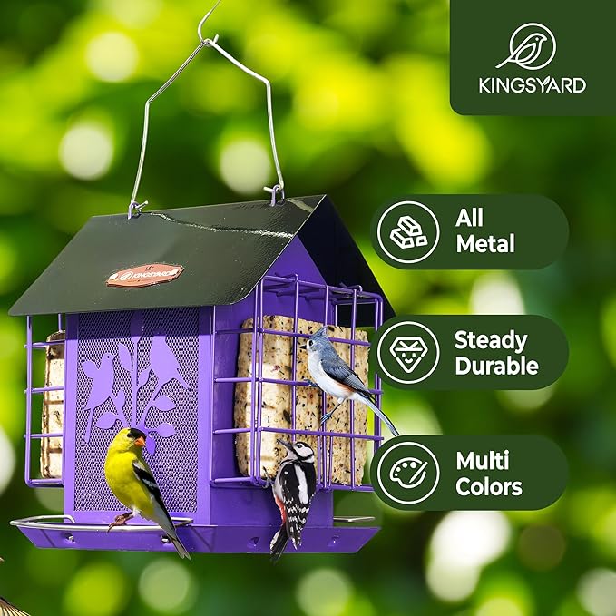 Kingsyard Metal Bird Feeder for Outdoor Hanging, Wild Bird Feeder with Double Suet Cage, Weatherproof Roof and 3 lbs Large Seed Capacity, Purple