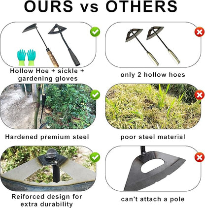 Pack of Gardening Tools Weeding Tool and Garden Hoe Weed Removal Tool with Blade Quick Weeder and Gardening Gloves (Hollow Hoe + Weeding Sickle)