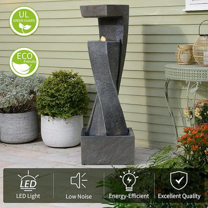 47.2" H Garden Fountains Outdoor Modern Water Fountain Indoor Floor Standing Large Waterfall with LED Lights and Pump for Patio Decor, Yard Decorations