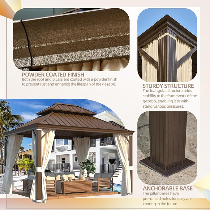 YOLENY 12' x 12' Gazebo, Galvanized Steel Double Roof Hardtop Gazebo with Aluminum Frame, Permanent Outdoor Metal Pavilion with Curtain and Netting for Patio, Lawn and Garden