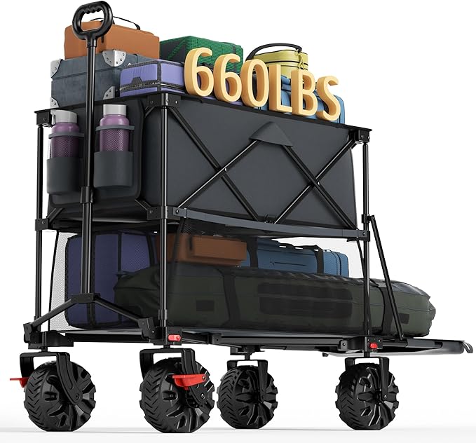 Portal Collapsible Large Double Decker Wagon with Brakes, 660lb Foldable Heavy Duty Utility Wagon Cart, 400L All-Terrain Big Wheels & 54" Extra Long Extender for Sports, Camping & Outdoor Use