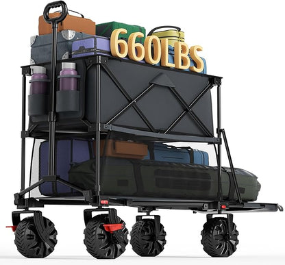 Portal Collapsible Large Double Decker Wagon with Brakes, 660lb Foldable Heavy Duty Utility Wagon Cart, 400L All-Terrain Big Wheels & 54" Extra Long Extender for Sports, Camping & Outdoor Use