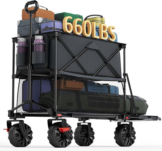 Portal Collapsible Large Double Decker Wagon with Brakes, 660lb Foldable Heavy Duty Utility Wagon Cart, 400L All-Terrain Big Wheels & 54" Extra Long Extender for Sports, Camping & Outdoor Use