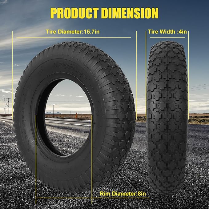 4.80/4.00-8 Tire and Inner Tube, Premium Rubber Wheelbarrow Replacement Parts for Hand Truck Lawn Mower Dollies Wagon Dolly Trailers Go Kart 2 Pack