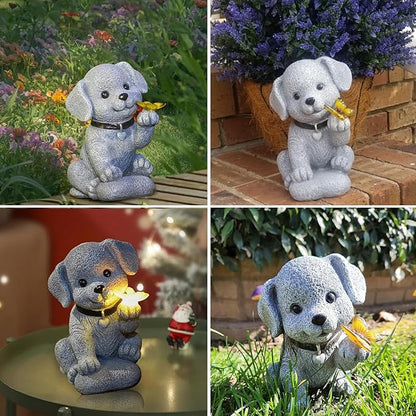Solar Dog Outdoor Statues Garden Decor with Butterfly LED Lights Dog Statues for Patio Balcony Yard Lawn Ornament, Birthday Gardening Gifts for Mom Grandma Women