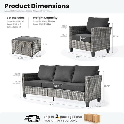 ovios 4 Pieces Patio Furniture Set Outdoor Sofa Couch with Solar Lights Table Comfy Cushions, Modern Deep Seat Wicker Rattan Conversation Set for Porch Deck, Black