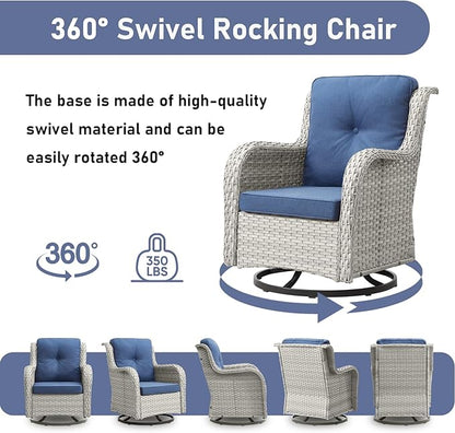 Wicker Outdoor Conversation Set-6 Pieces Outdoor Wicker High Back Couch with Swivel Rocker Chairs Patio Furniture for Deck Poolside Backyard-Light Grey/Blue