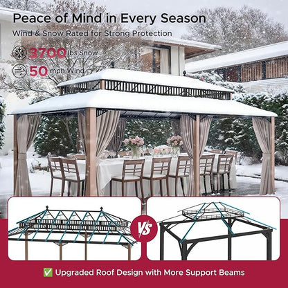 SUNJOY Kingston 20' x 12' Hardtop Gazebo with Galvanized Steel/Polycarbonate Double Roof, Curtain and Netting, Woodgrain Finish Aluminum Posts Permanent Pavilion Gazebo for Garden, Patio, Deck, Lawn