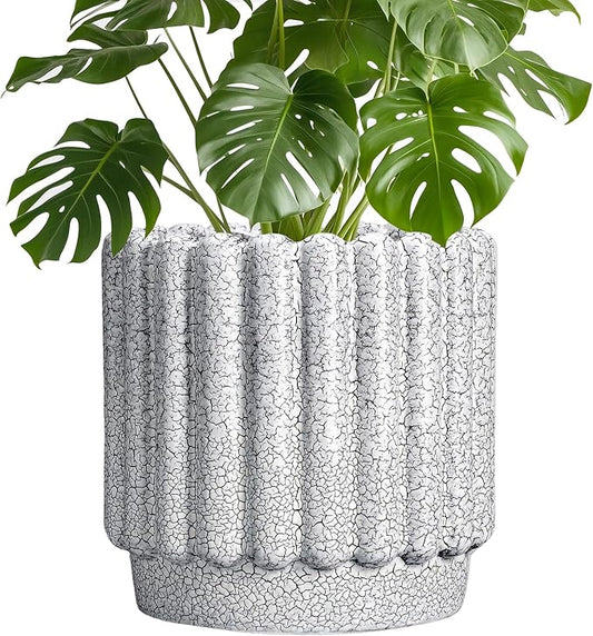 Ceramic Flower Pots - 9.6 Inch Indoor Planter, Decorative Ceramic Plant Pots with Drainage Hole, Fluted Round Large Planter Outdoor, Living Room Decor, Gifts for Women Men, Black and White