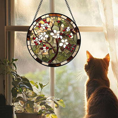CRIS GIF Stained Glass Window Hanging - Hawthorn Tree Birth Flowers Suncatcher for Doors Garden Patio Sun Catchers Decor Christmas Mother's Day Birthday Gifts for Women Men Mom Nana Friend 15 in