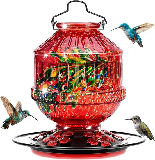 Blown Glass Hummingbird Feeders for Outdoors, 25 Ounces Wild Bird Nectar Feeder with Perch & 5 Flower Feeding Ports Leak Proof Hanging for Garden Backyard Decor, Gifts for Women Mom, Red