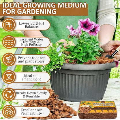 Legigo 10 Pack Coco Husk Chips- 11 LB 100% Organic Coconut Coir Chips Brick Potting Soil Mix with Low EC & PH Balance, Compressed Coconut Substrate Coco Chips Mulch Medium for Garden, Flowers, Plants