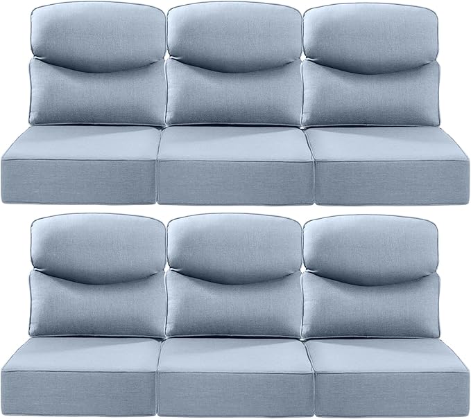 Luxury 22x24/22x25 6-Inch Smile Patio Cushions for Outdoor Furniture Set of 6 - Thick Back & Deep Seat Outside Chair Cushions for Rattan Glider Loveseat Sectional Sofa - Baby Blue