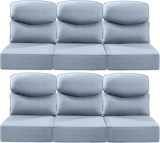 Luxury 22x24/22x25 6-Inch Smile Patio Cushions for Outdoor Furniture Set of 6 - Thick Back & Deep Seat Outside Chair Cushions for Rattan Glider Loveseat Sectional Sofa - Baby Blue