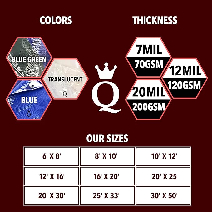 QUEEN OF TARPS | 10x12 Light Duty Tarp Waterproof, 70 GSM is 7 MIL, UV/Tear Resistant Tarp, Camping, Outdoor Furniture, Car, Tents, Painting, Firewood Protection | 10x12, Light Duty