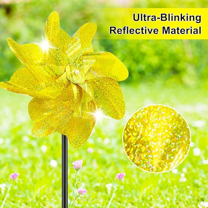 10 Packs Pinwheels Gold Reflective Wind Spinner Garden Pinwheel Sparkly Windmills Scare Birds Animal Away Wind Spinners for Yard and Garden Decor