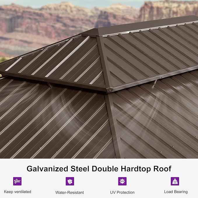 PURPLE LEAF 14' X 20' Outdoor Hardtop Gazebo Patio Wide Aluminum Frame Metal Double Roof with Heavy Duty Netting and Curtains for Permanent Hard Top Pavilion Screen, Khaki