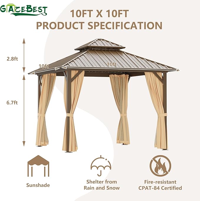 10'x10' Hardtop Gazebo Outdoor Aluminum Patio Gazebo Double Roof Galvanized Steel Canopy with Netting and Curtains,for Garden, Backyard,Deck and Lawns