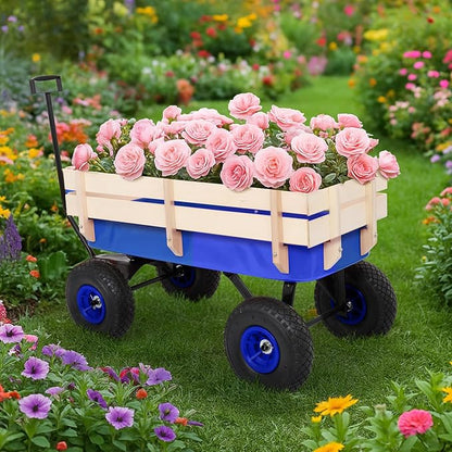 Outvita All-Terrain Cargo Wagon with 10'' Air Tires, Steel Structure Wagon with Removable Wooden Side Panels for Kids, Garden and Cargo, Up to 220lbs Capacity, 38'' L x 19'' W x 31'' H (Blue)