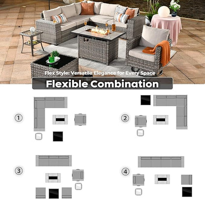 ovios 9 Pieces Patio Furniture Set, Outdoor Wicker Sectional Sofa with 42" Fire Pit Table Swivel Chair, Modern Modular Deep Seat Rattan Couch Conversation Sets, Beige