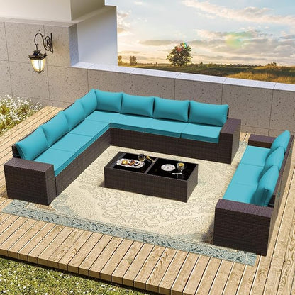 Outdoor Patio Furniture Set, 12 Pieces Outdoor Furniture All Weather Patio Sectional Sofa PE Wicker Modular Conversation Sets with Coffee Table,10 Chairs & Seat Clips Turquoise Blue.