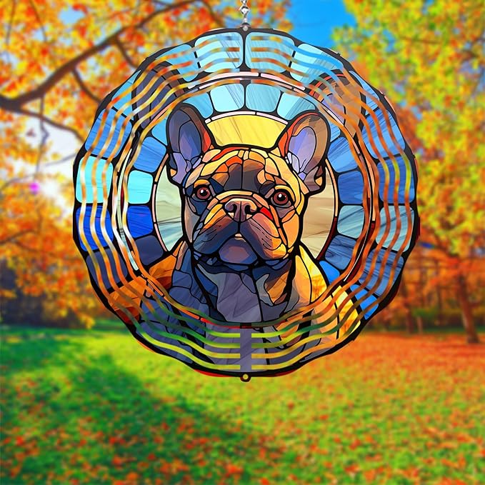 French Bulldog Wind Spinner Pet Dog Memorial Gifts 3D Aluminum Metal Kinetic Hanging Wind Sculpture Spinners for Yard and Garden Indoor Outdoor Window Garden Decoration 8 Inch (French Bulldog 1)