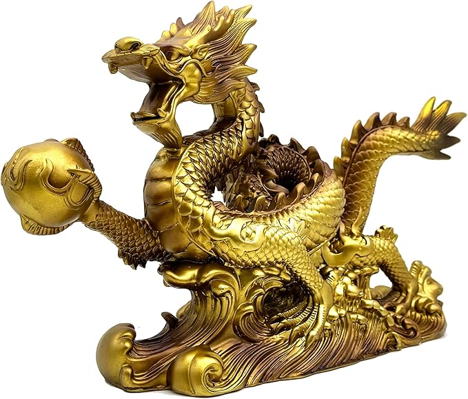 FUNSXBUG 13.6 INCH Chinese Feng Shui Dragon Statue Sculpture Resin Figurines FengShui Decor Home Office Desktop Tabletop Ornaments Decoration Good Lucky Gifts Gold