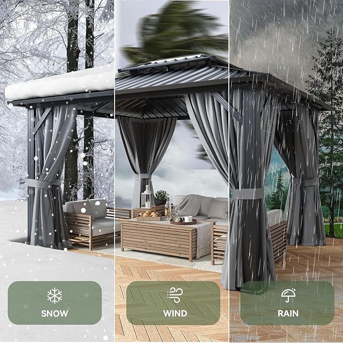 Aoxun Hardtop Gazebo 10x12, Aluminum Frame Canopy with Double Galvanized Steel Roof, Outdoor Gazebo with Breathable Netting and Privacy Curtain for Backyard, with Ground Nails