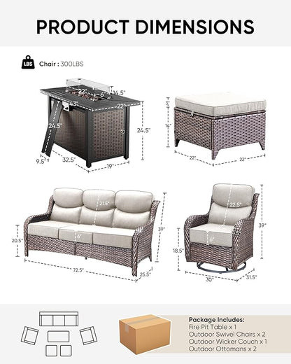 HUMMUH 6 Pieces Patio Furniture Set with Fire Pit High Back Outdoor Furniture Set 6-inch Cushions Wicker Patio Swivel Rocker Chairs for Balcony Garden,Lawn,Deck