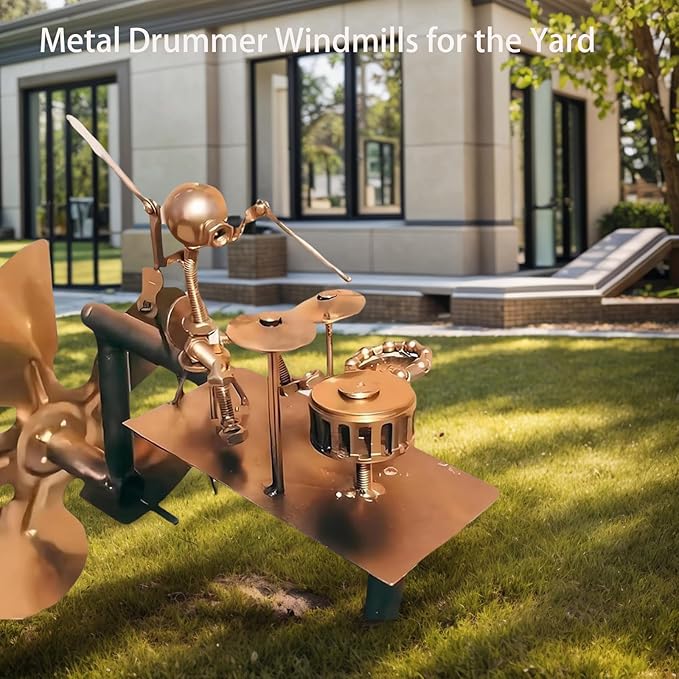 Garden Handmade Metal Rock Band Drummer Guitar Windmill, Kinetic Art Metal Sculpture Wind Spinners, Percussionist Music Rockin Art Figurine, Windmills for Yard Lawn Patio Outdoor Decor (Drummer)