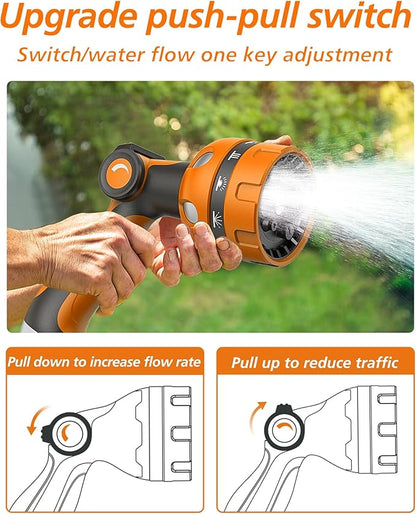 Garden Hose Nozzle, Heavy Duty Water Hose High Pressure Sprayer with 10 Watering Patterns, Thumb Control On Off Valve, for Watering outdoor Plants & Lawn, Car & Pet Washing-(Orange Red)