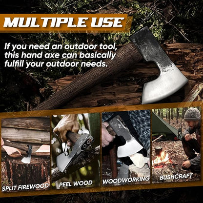 Dream Reach 14.5"" Camping Hatchet with Sheath, Bushcraft Axe with Carbonized Handle, Hand Forged Carving Axe, Splitting Hatchet for Chopping Wood, Gardening, Black