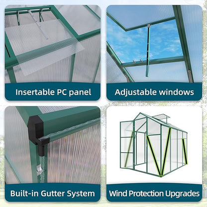 6*4.2*7.2FT Greenhouse for Outdoors, Polycarbonate Greenhouse with Stronger Wind Protection and Roof Vent, Walk-in Large Aluminum Sunroom Winter Proof, Green