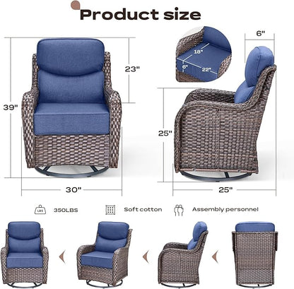 Rilyson 4 Piece Outdoor Patio Swivel Rocker Chairs, Waterproof Wicker, High Back, Deep Seating, Wide Armrest, Upgraded 6 inch Thick Cushions, Ideal for Deck Porch Backyard, Brown/Blue