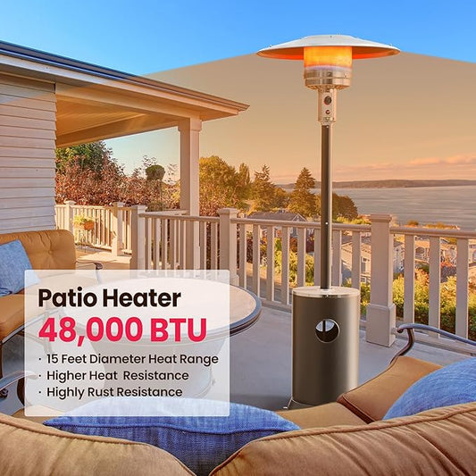 PAMAPIC 48000 BTU Patio Heater with high-strength waterproof cover, Propane Heater for Outdoor Use 2 in 1 Table Design, Double-Layer Stainless Steel Burner,Residential, Gray (Black)