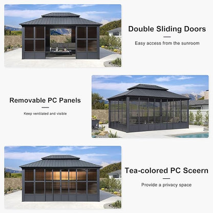 PURPLE LEAF 12' X 16' Solarium Sunroom Permanent Hardtop Screened Gazebo Galvanized Steel Double Roof Aluminum Outdoor Enclosed Gazebo for Hot Tub Lawn Deck Backyard Grey