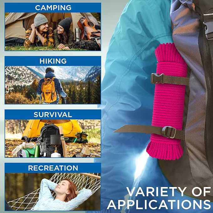 TECEUM Cotton Rope 3/16” (5 mm) – 100 FT – Strong All-Purpose Braided Rope – Natural Cotton – for Crafting, Сamping, Clothes Line, DIY, Indoor & Outdoor Use – Bright Pink