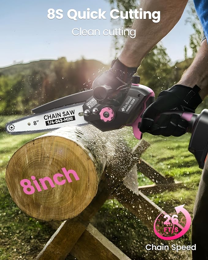 Mini Chainsaw Cordless, 8 inch & 6 inch Electric Chain Saw with 2 Pack Rechargeable Batteries, Battery Powered Handheld Saw Men Gifts for Trees Branches Trimming Wood Cutting, Pink