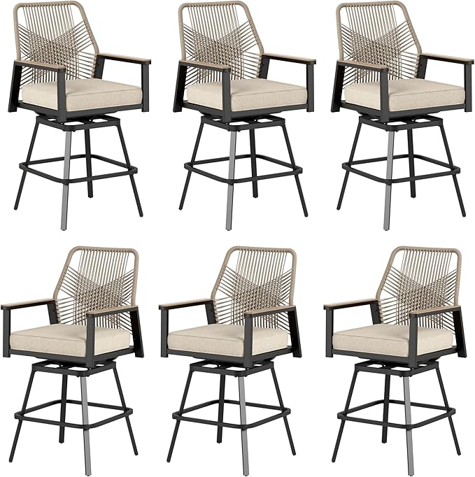 HERA'S HOUSE Outdoor Swivel Bar Stools Set of 6, High Top Patio Chairs with All Weather Cushion Pro Fabric, Bistro Set for Backyard, Lawn Garden, Balcony,Poolside